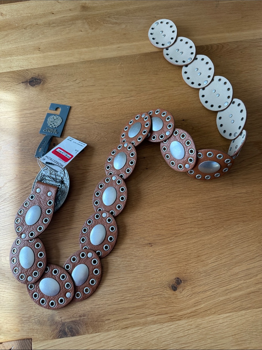Vince Camuto Brown Leather Oval-Link Belt with Silver Accents